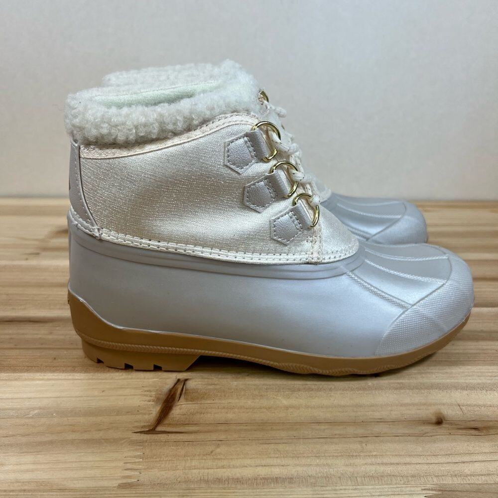 Sperry Cozy Duck boots winter rain waterproof silver tan Womens 6 Mens 5 NEW
